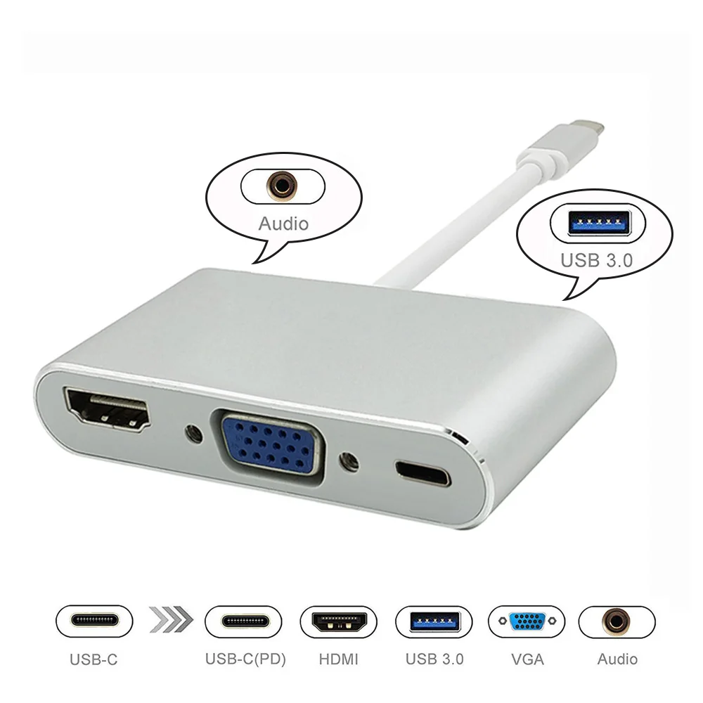 USB-C адаптер 5 в 1 Thunderbolt 3 концентратор USB type C к HDMI VGA 3,5 мм разъем USB адаптер с Тип-C Мощность доставки для MacBook Pro - Цвет: 5 in 1 Silver