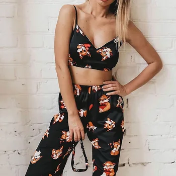 

2021 Spaghetti Strap Fox Pajamas Print Summer Two Piece Set Top And Pants Sleepwear Satin Women V Neck Sexy Nightwear Pattern