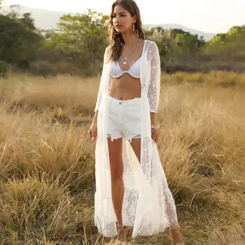 

Sexy Beach Long Maxi Lace Dress Women Loose Elegant Swim Wear Cardigan Bikini Bathing Suit Cover Up Robe Tunic Dresses Vestidos