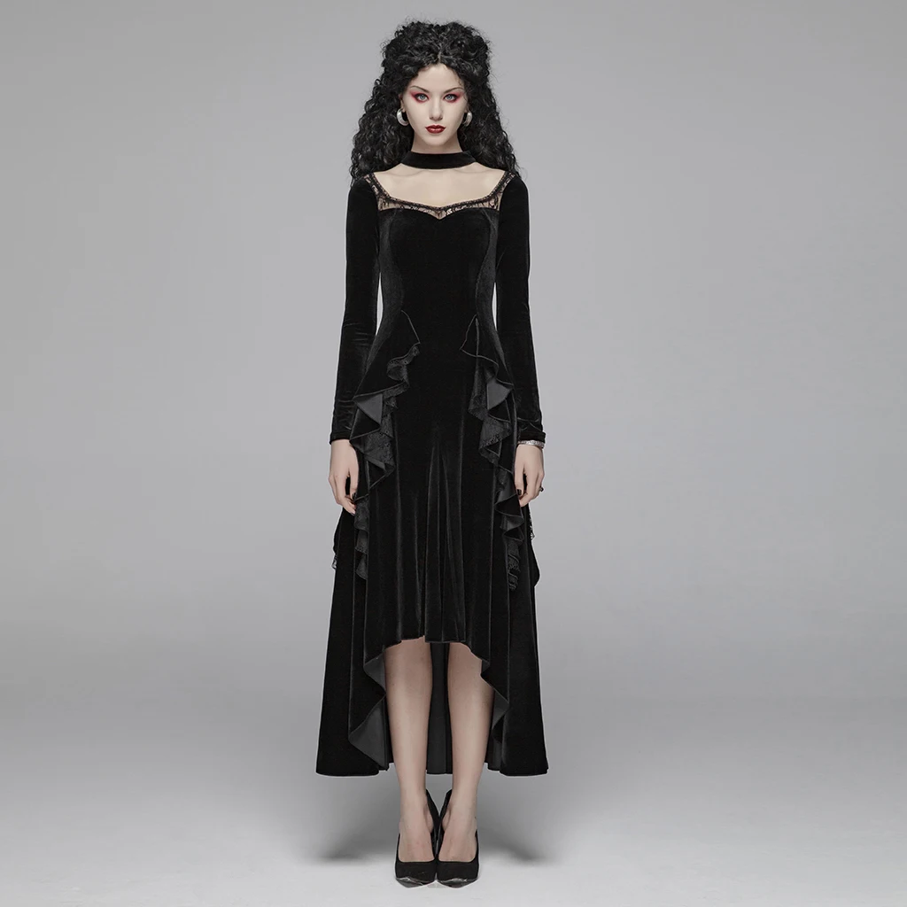 

PUNK RAVE Women Gothic Daily Long Dress Ruffles Velvet Lace Gorgeous Slim Fit Evening Party Dresses Retro Women Dresses