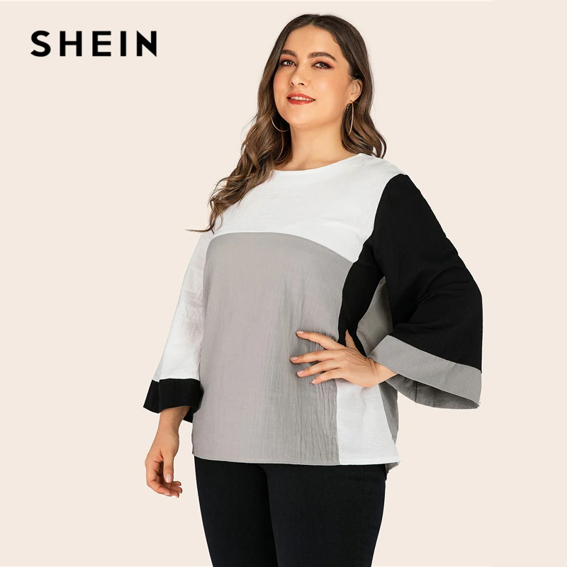 SHEIN/большие размеры; разноцветная блуза с широкими рукавами; Женская Повседневная блуза с круглым вырезом; сезон весна-осень; abaya Plus