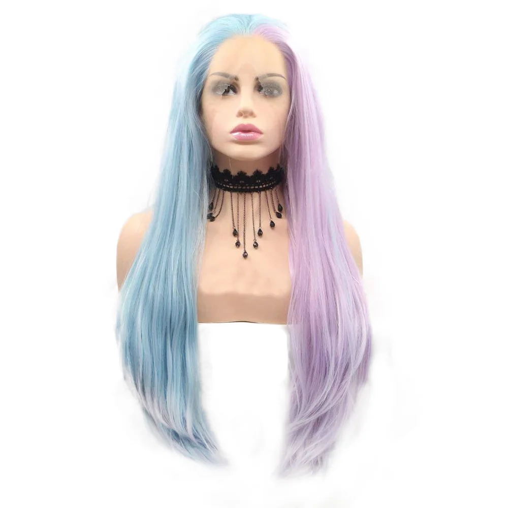 24 Half Purple Half Blue Synthetic Lace Front Straight Wigs For Women Pastel Blue Pink 2 Tone Wig Heat Resistant Fiber Hair Synthetic Lace Wigs Aliexpress