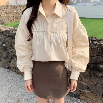 

Women Blouses 2020 New Fashion Women's Shirts Cotton Solid Color Puff Sleeve Shirt Loose Women Tops Casual White Brief Shirts