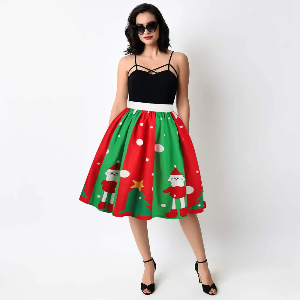 

Christmas midi skirt Women Santa 3D Print faldas cartoon party Flare Elastic High Waist Cosplay Skirt d90815