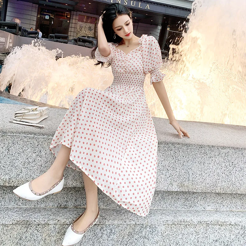

Polka Dot Short-sleeve Dress Women's 2019 Spring And Summer New Style Korean-style Chiffon V-neck Cute Princess Sleeve Fairy Ski