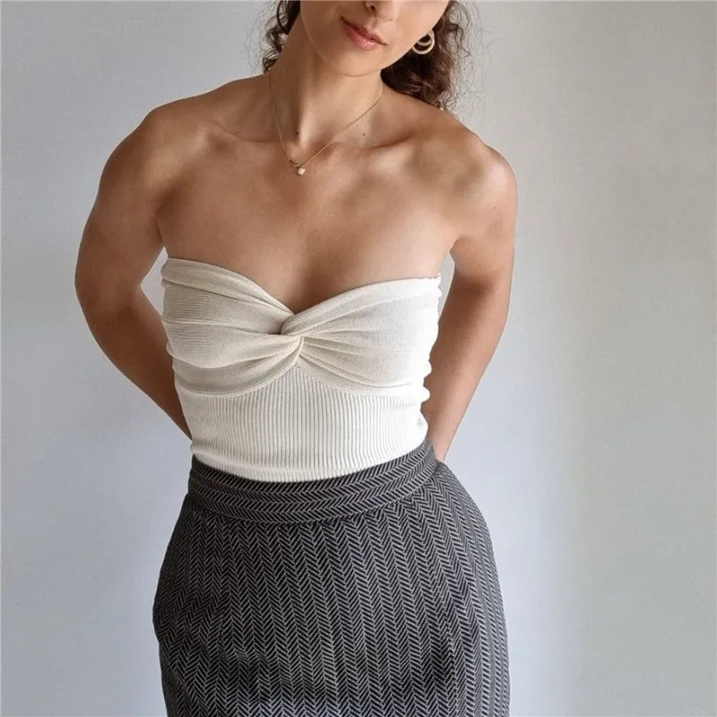 red cami Giyu Knitted Solid Criss-cross Camis Women Bodycon Crop Tops 2022 New Strapless Backless Y2k Top Streetwear Ladies Slim Corests women's bra