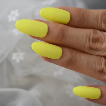 

Long Oval Matte Press On Nails Medium NEON Yellow Summer Sculpted Nails ABS Material Full Cover Fantasy Tips 24
