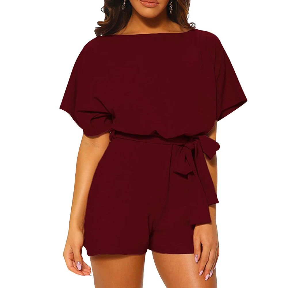Wine Red Однотонный летний женский комбинезон на шнуровке с коротким рукавом, офисный элегантный повседневный комбинезон для свиданий, вырез лодочкой, высокая талия, Повседневная Свободная одежда для покупок - Цвет: Wine Red