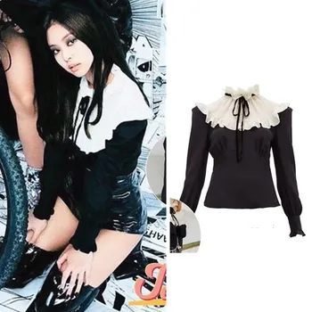 

kpop Blackpink Jennie 2020 summer new ladies sweet sexy black blouses Women korean Velvet splice ruffled court style shirts tops