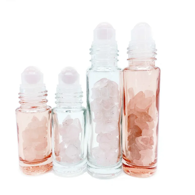 10pcs Rose Quartz Roller Bottle 5ml 10ml Pink Glass Essential Oil Bottle Refillable Travel Bottles Natural Gemstone Pink Crystal