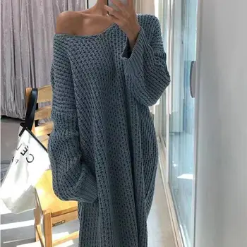

LYJMTDBK Fashion bat sleeve women super large size autumn winter long sweater dress female V-neck loose knit pullover dress chic