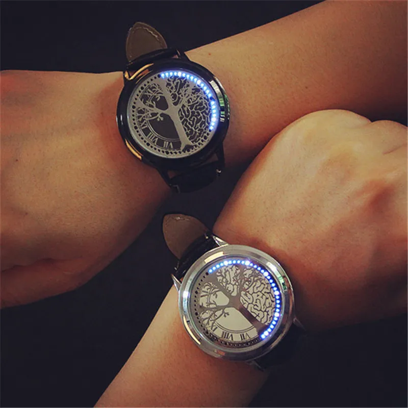 

Fashion Men Watches LED Touch Screen Watch Unique Tree Pattern Cool Watch Simple Black Dial 60 Blue Lights Electronic Watch