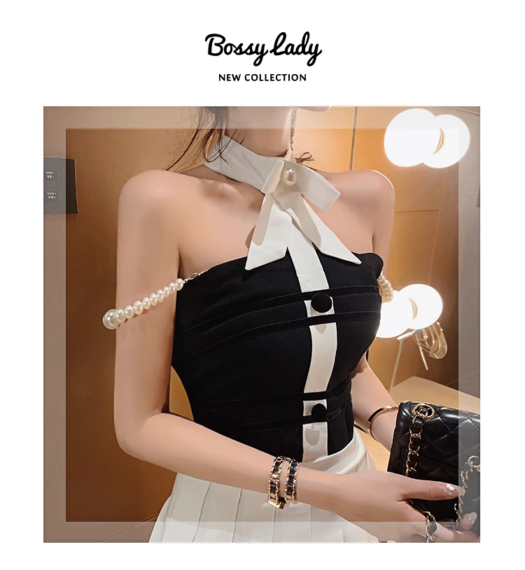 Сексуальный жилет Camis, женские бархатные съемные жемчужные ремешки, Летний жилет с лямкой на шее, с бантом, без спинки, топы, футболка ropa mujer T9D603Y