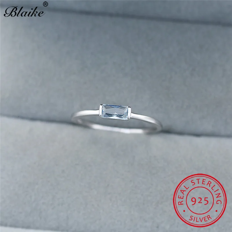 Настоящее кольцо из серебра s925 пробы, голубой, красный, черный циркон, маленький прямоугольник, каменные кольца для женщин, свадебное тонкое кольцо, кольца для укладки - Цвет камня: Lake Blue Ring