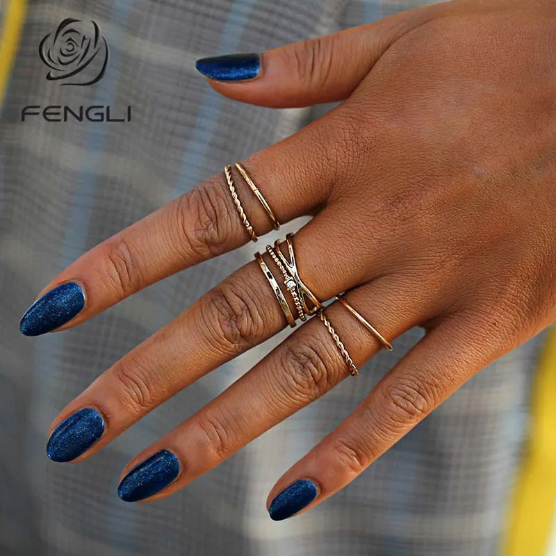 FENGLI Simple Four Layer Crystal Ring Sets Gold Thin Hand Finger Rings for Women Fashion Men Jewelry Toe | Украшения и аксессуары