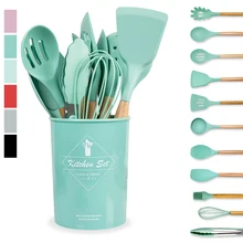 

9/10/11/12Pcs Cooking Tools Set Wood+Silicone Kitchen Cooking Utensils Set Cookware Storage Box Turner Tongs Spatula Spoon Whisk