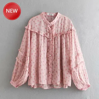 

Blouse WomenSweet Small Fruit Print Ruffles Silk Blouse Spring Summer Cute Girls Stand Shirts Long Sleeve Casual Female Blusas