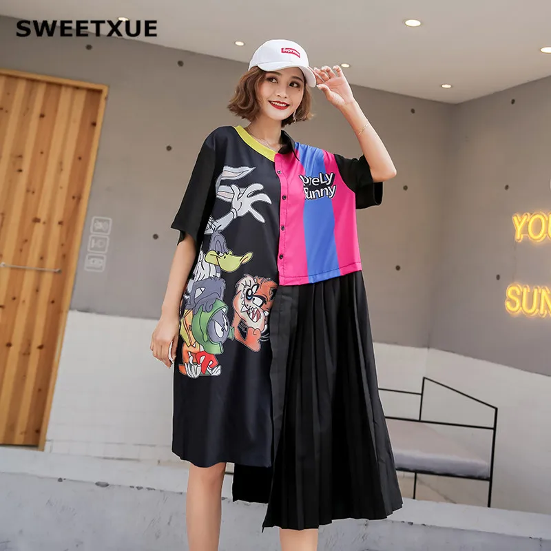 SWEETXUE женское летнее черное платье-рубашка с принтом из мультфильма асимметричное платье с коротким рукавом Пэчворк плюс размер миди платья