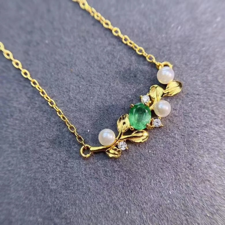

luxurious leaf flower Natural green Emerald Necklace natural gemstone Pendant Necklace S925 silver girls women party Jewelry