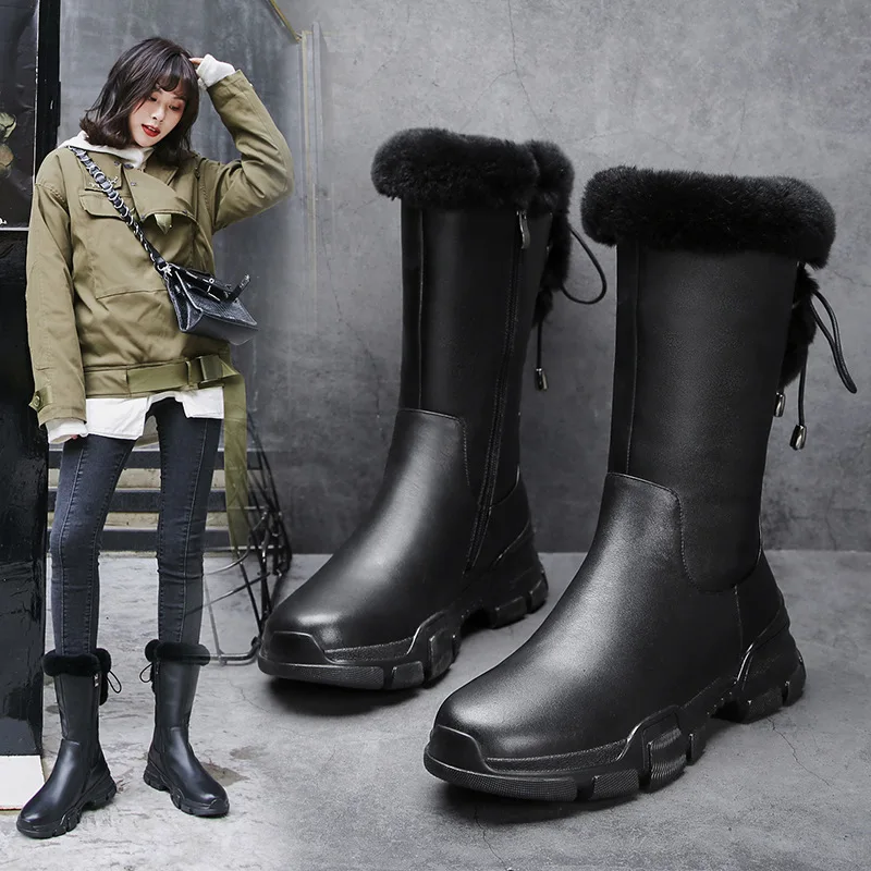

Thick Wool Lining Middle Boots 2018 Autumn And Winter New Style Light Thick Bottomed Snow Boots Women's Genuine Leather Fur Boot