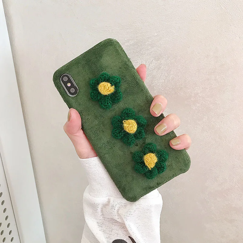 Green Теплый тканевый чехол с цветочным узором для телефона iphone 11 Pro Max XS XR чехол для iphone 7 8 6s plus X, Роскошный милый мягкий чехол - Цвет: Green