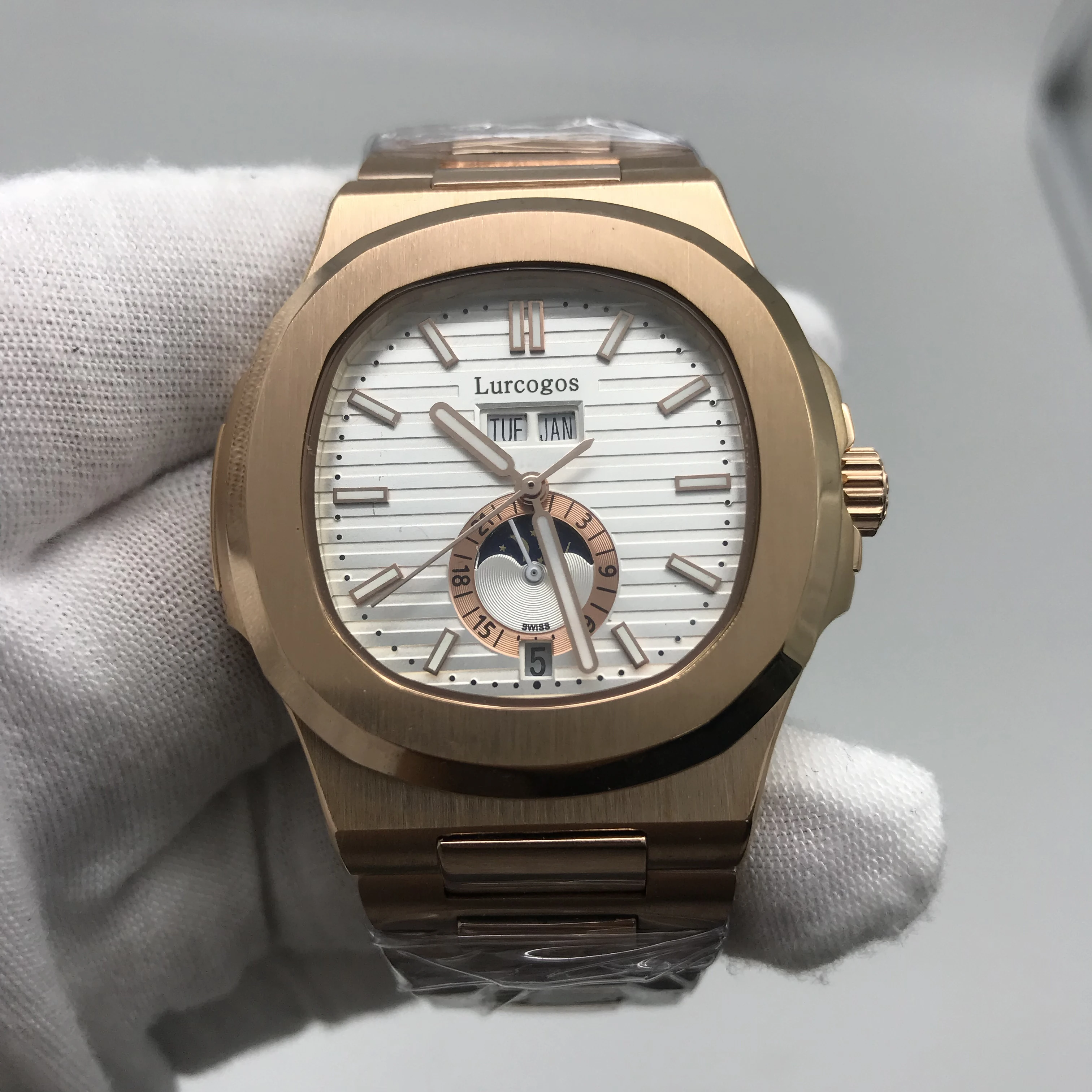 

luxury brand pp watch gold case white dial automatic mechanical watch all small dials works luminous hand watch AAA nautilus