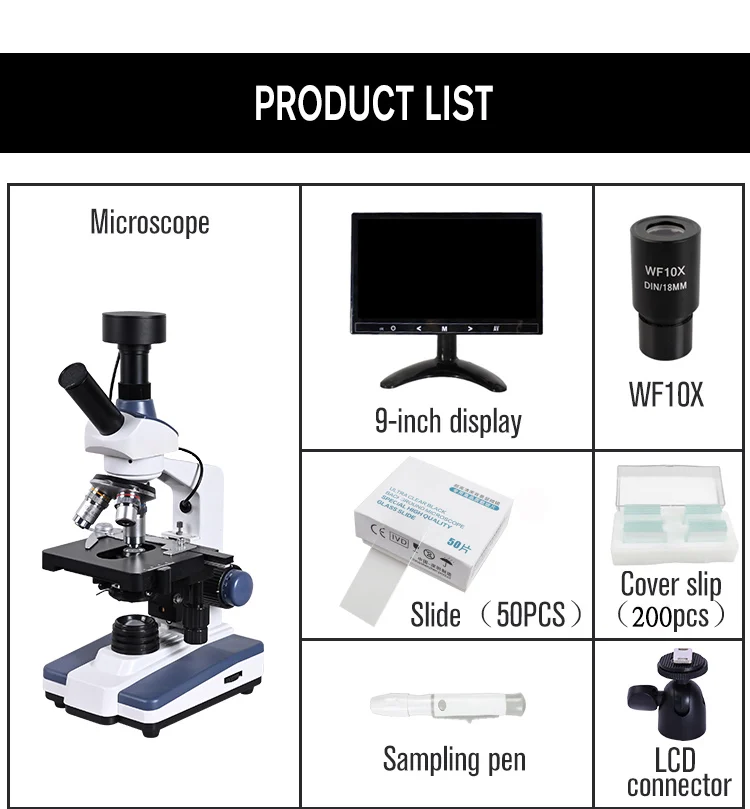 Черный фон HD цифровой биологический лабораторный микроскоп светодиодный свет+ 9-дюймовый ЖК-дисплей+ 5MP электронный окуляр микроскопа+ USB кабель для передачи данных+ металлический ящик