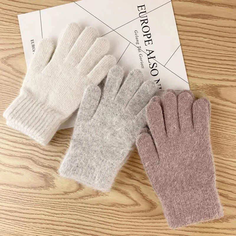 

Korean Solid Color Rabbit Fur Plus Velvet Wool Knit Gloves Woman's Winter Full Finger Elastic Outdoor Cycling Driving Mitten U30