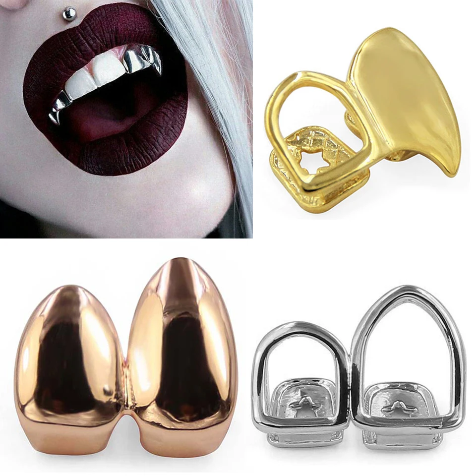 Dents de vampire en or véritable 18 carats Fang Grillz Punk Hip Hop CZ  Zircon cubique Lettres de poker Iced Out Diamond Grills Bretelles Capuchon  de