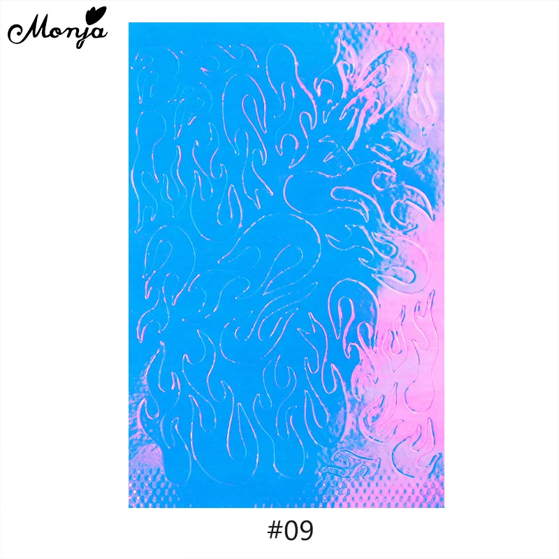 09 Monja, 8 цветов, голографическое пламя, наклейки для дизайна ногтей, Лазерная Фольга для ногтей, самоклеющиеся наклейки, аксессуары для маникюра, украшения - Цвет: 09