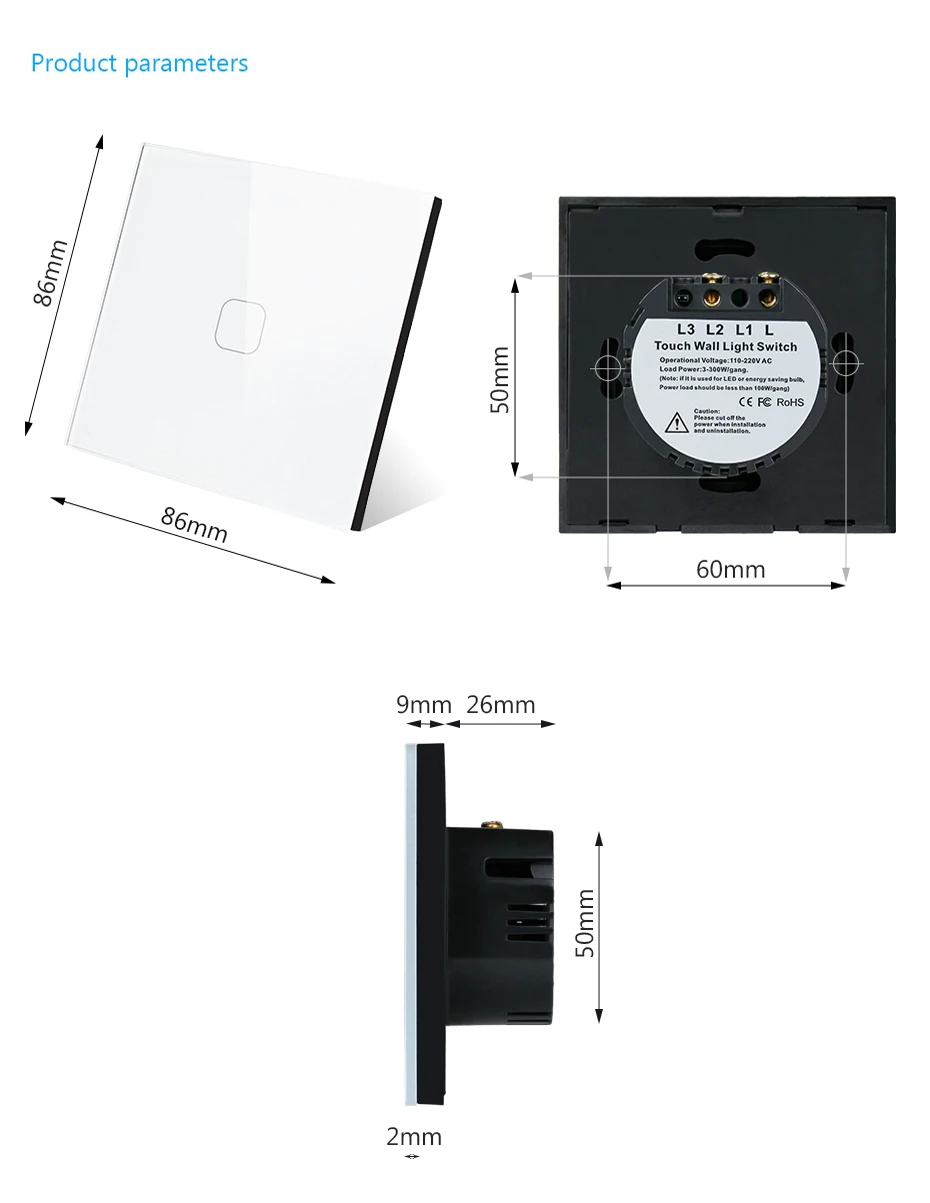 Esooli EU Stanard Touch Switch Crystal Glass Panel 1 Gang 1 Way Touch Switch, EU Light Wall Touch Screen Switch,AC 170-250V