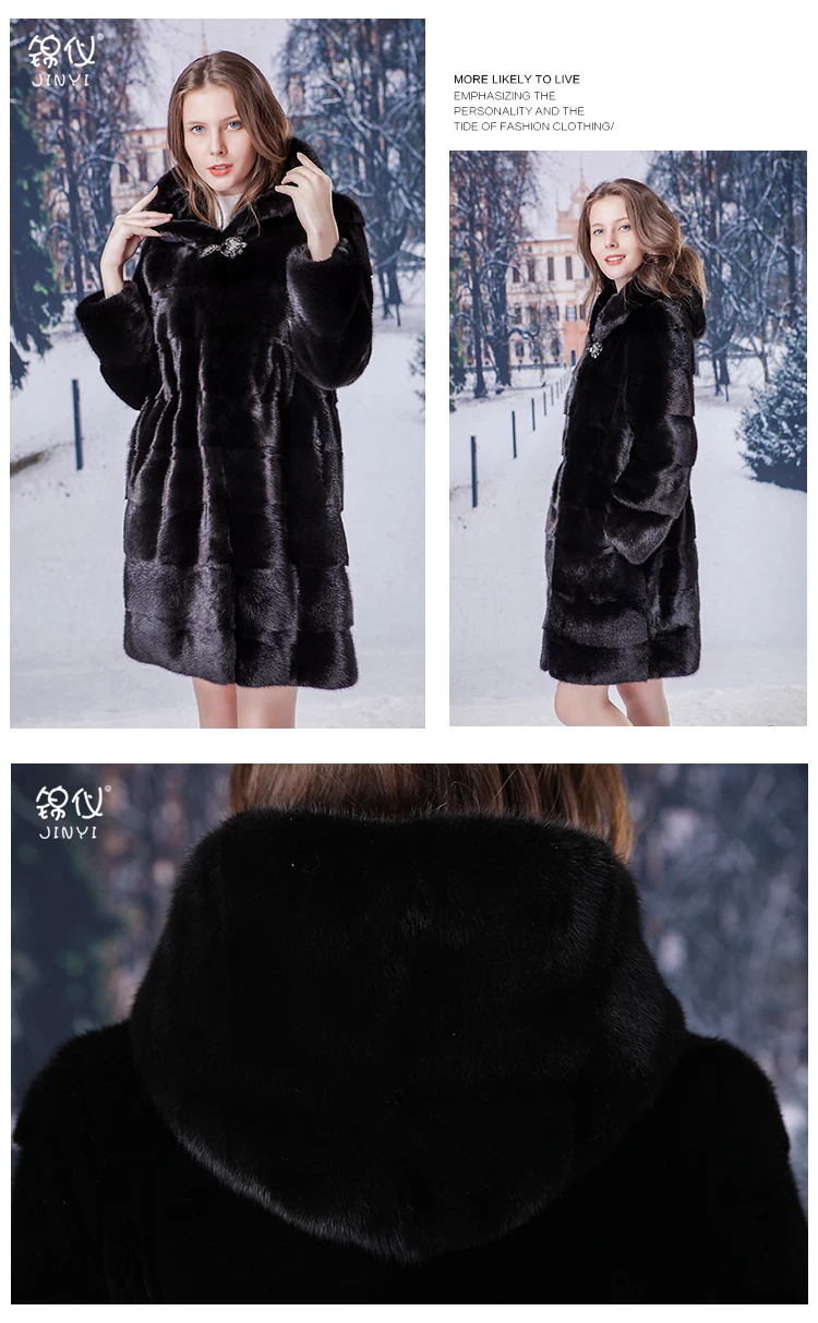 new block long section of thin mink hooded mink coat integrin 1009