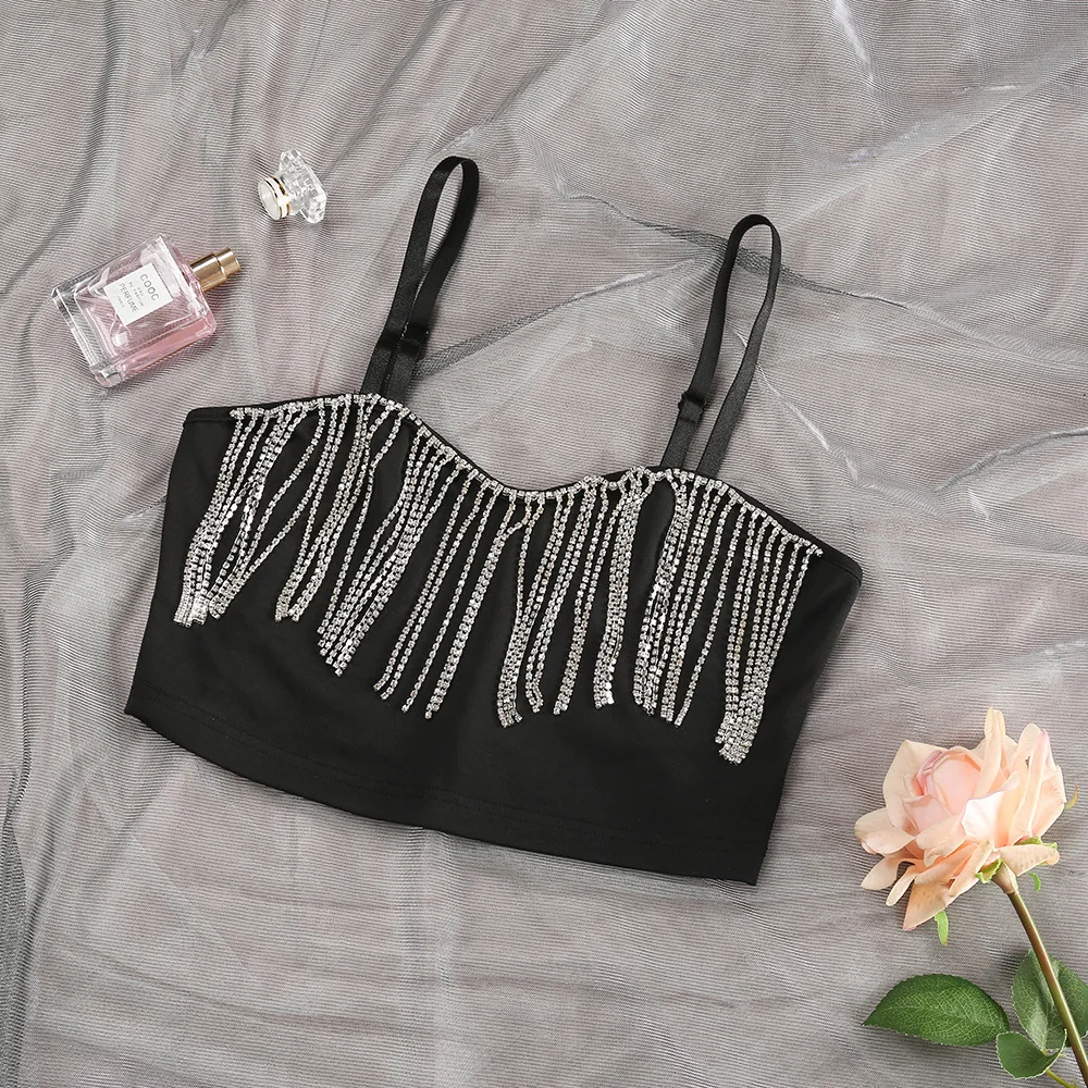 sexy camisole Cutistation Tassel Rhinestones Spaghetti Strap Glitter Bustier Vest Women Sexy New Year Party Night Club Shiny Black Tank Tops silk camisole