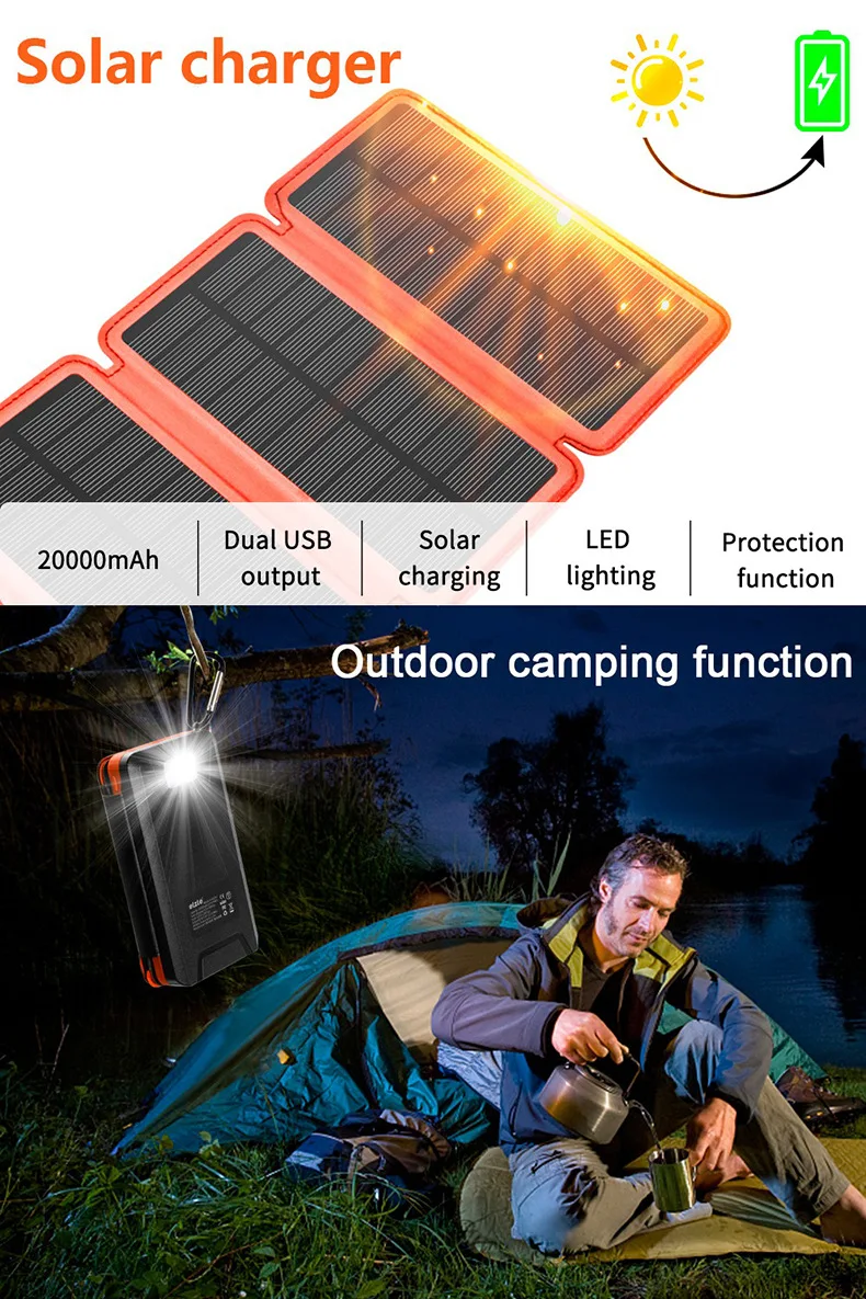 Solar Power Bank 20000mA Solar Panel Charger Waterproof Powerbank Outdoor Portable External Battery Poverbank with Camping Light wireless power bank