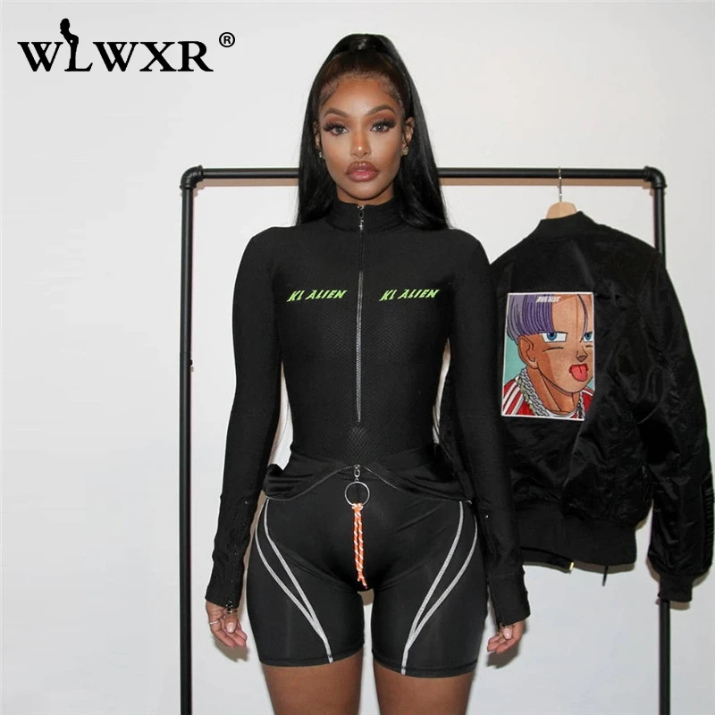 WLWXR с буквенным принтом, фитнес-сетка, сексуальный черный боди, женский топ с эластичной молнией, боди с длинным рукавом, женский комбинезон, Облегающий комбинезон