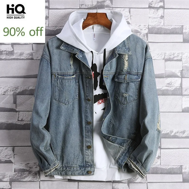

Mens Hole Loose Fit Denim Jacket Lovers Spring Autumn BF Style Single Breasted Jacket Street Cotton Fashion Hip Hop Coat 3XL
