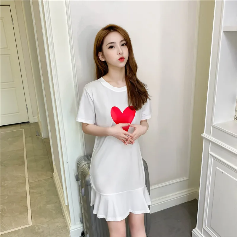 

2020 New Style Flounced Fishtail Dress Summer Wear for Women Korean-style Loose-Fit Printed Mid-length Short Sleeve T-shirt Wome