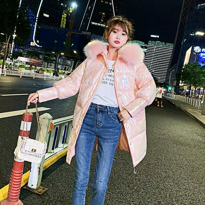 Bright White Winter Jacket Women New Hooded Fur Collar Long Winter Parkas Thicken Cotton Padded Coats Casual Women Jacket