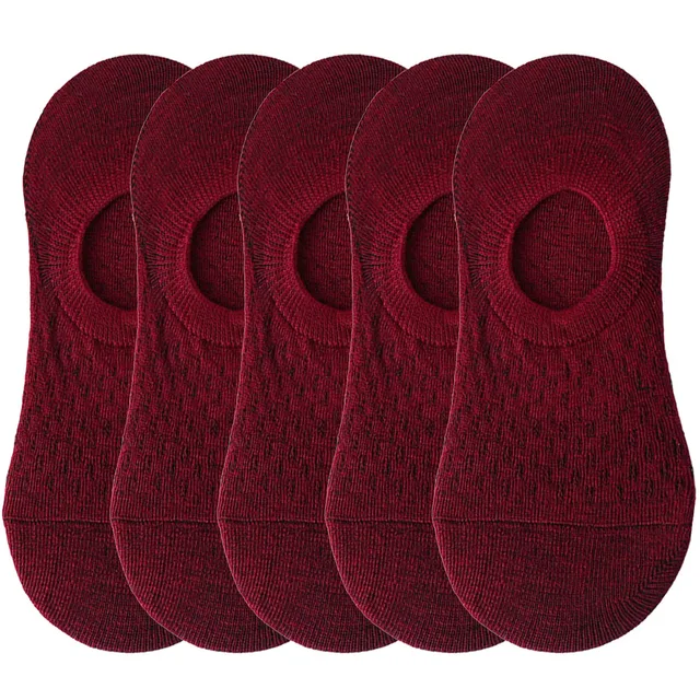 10 pieces = 5 pairs Women Invisible Solid Color Socks Slippers Ladies Polyester Cotton Non-slip Silicone Ankle Socks skarpetki 5 pairs Wine Red