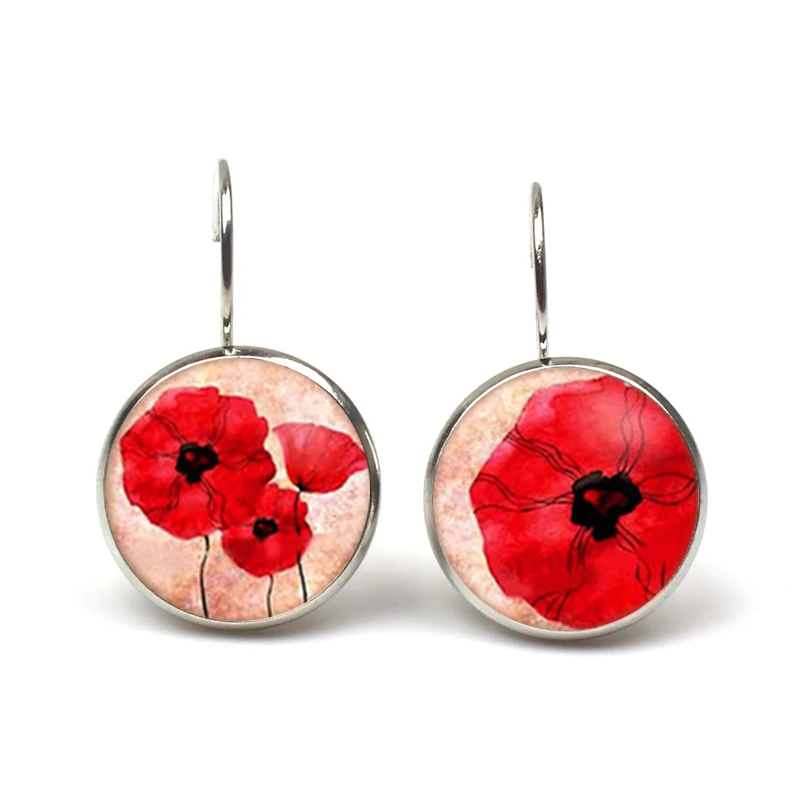 

big Red flower Pendant earring cabochon poppies simple earrings poppies Jewelry Dome Round Silver Handmade Women's Colorful