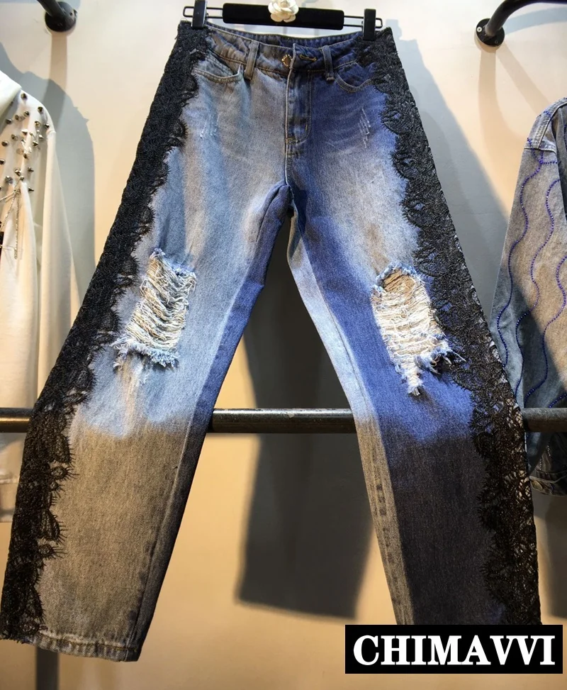 

European New Women Side Stitching Lace High Waist Hit Color Slim Straight Jeans Pants Female Denim Pants Autumn Hole Trousers