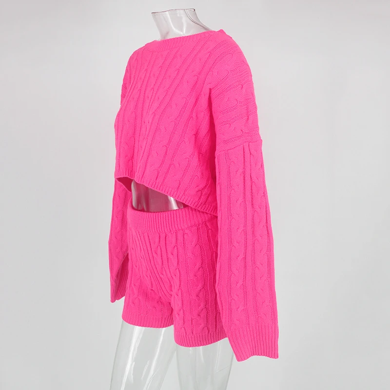 Ohvera, зимний комплект из двух предметов, вязаный свитер с длинным рукавом, топы и обтягивающие шорты, костюм, сексуальная одежда для Женский комплект 2 шт