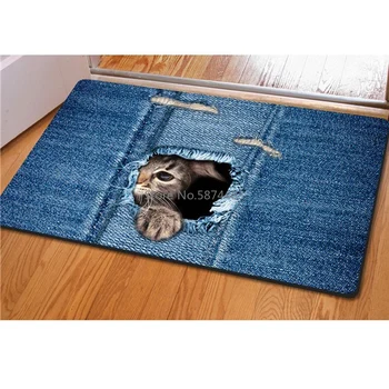 

Cute Cat Floor Mat Washable Denim Cat Rug Bath Mats Foot Pad Home Decor Non-Slip Kitchen Bathroom Living Room Mats