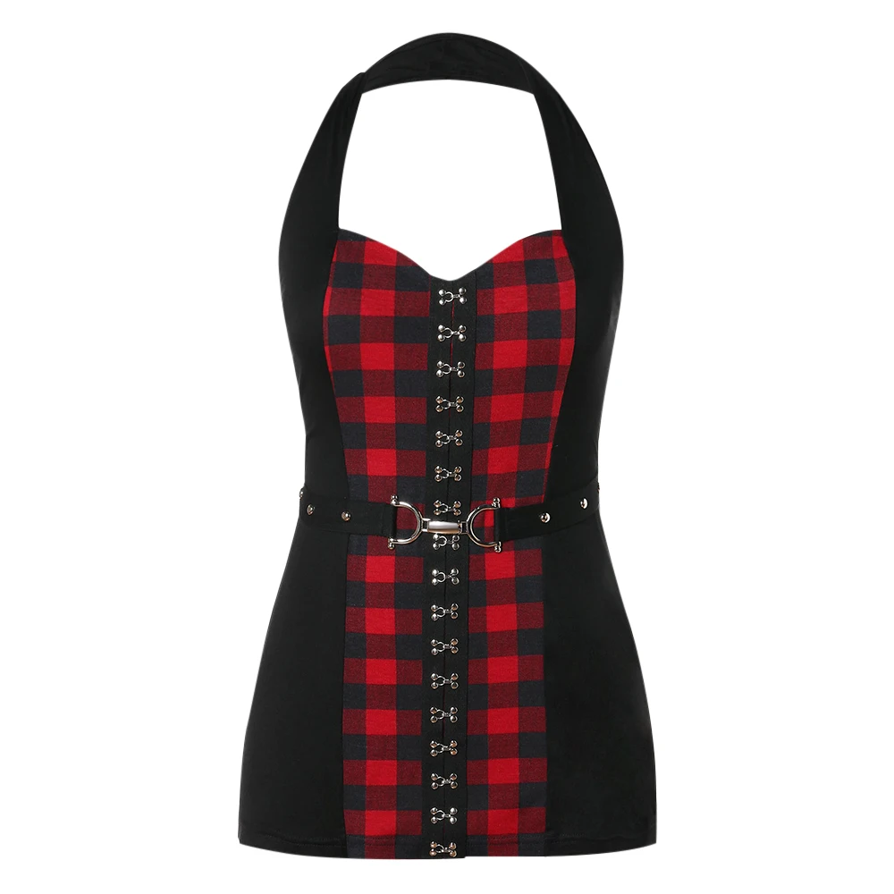 

Rosegal Plus Size 5XL Summer Women Plaid Print Halter Neck Top Female Personality Buckle Belt Sexy Gothic Tank Top Female Camis