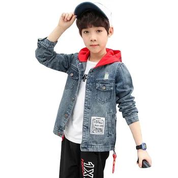 

New Kids Jacket Hole Denim Jacket For Boy Patchwork Hooded Kids Outerwear Spring Autumn Fashion Denim Clothes For Boys School