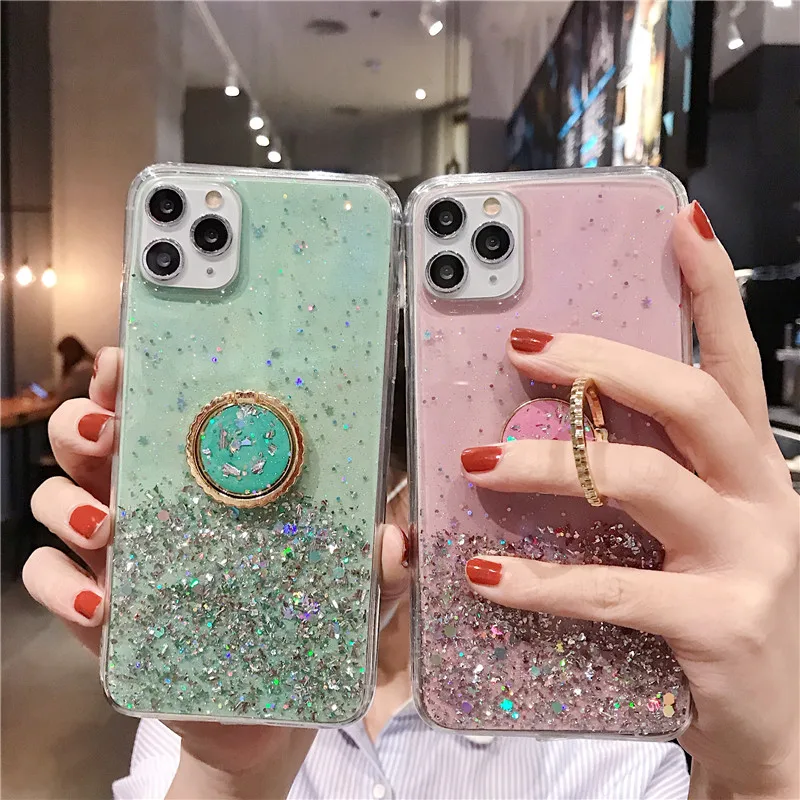 Phone Case For Xiaomi Redmi Note 9 pro 9s note 8T 10X 10 K20 K30 7 7A 8 8A Note 7 mi 9 pro cc9 Glitter Bling Ring bracket Cover xiaomi leather case cosmos blue