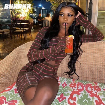 

BIIKPIIKStriped Solid Flare Sleeve Two Piece Set Women O-Neck Cropped Matching Set Outfit Sporty Crop Top+Shorts Sets Streetwear