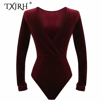 

TXJRH Sexy Velvet Deep V-Neck fit Romper Body Siamese Bodysuit Fashion Women Slim Velour Skinny Tight Undershirt Playsuits Party