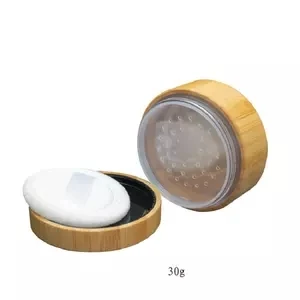 

High quality empty 30g cosmetic bamboo loose powder jar with sifter and powder puff,Elegant Bamboo Cosmetic Powder Container 30m
