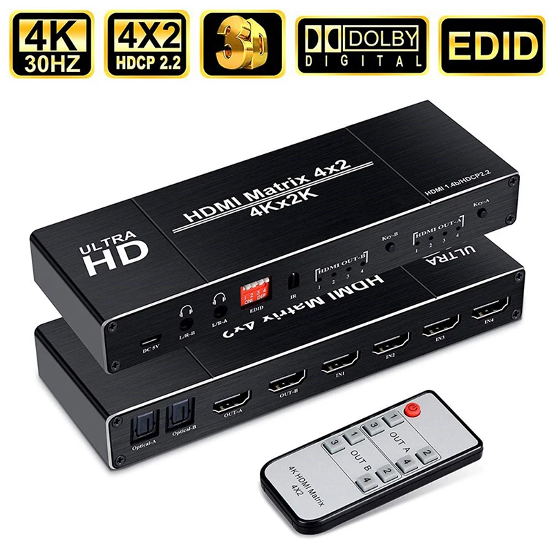 2,0 HDMI матричный 4x2 4K HDR переключатель разветвитель 4 в 2 выход оптический SPDIF+ 3,5 мм разъем аудио экстрактор HDMI коммутатор
